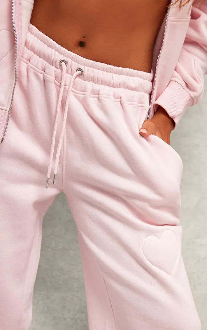 Baby Pink Embossed Heart Wide Leg Sweatpants