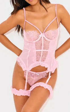 Baby Pink Eyelash Lace Frill Detail Longline Corset Lingerie Set