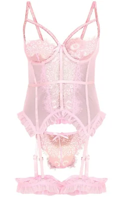Baby Pink Eyelash Lace Frill Detail Longline Corset Lingerie Set