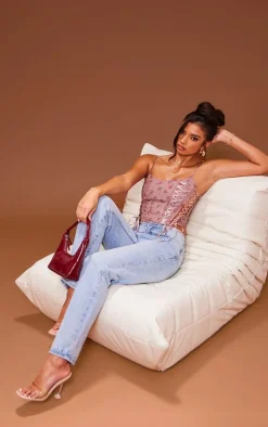 Baby Pink Floral Print Textured Satin Lace Up Corset