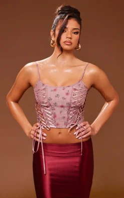 Baby Pink Floral Print Textured Satin Lace Up Corset