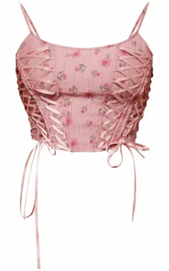 Baby Pink Floral Print Textured Satin Lace Up Corset