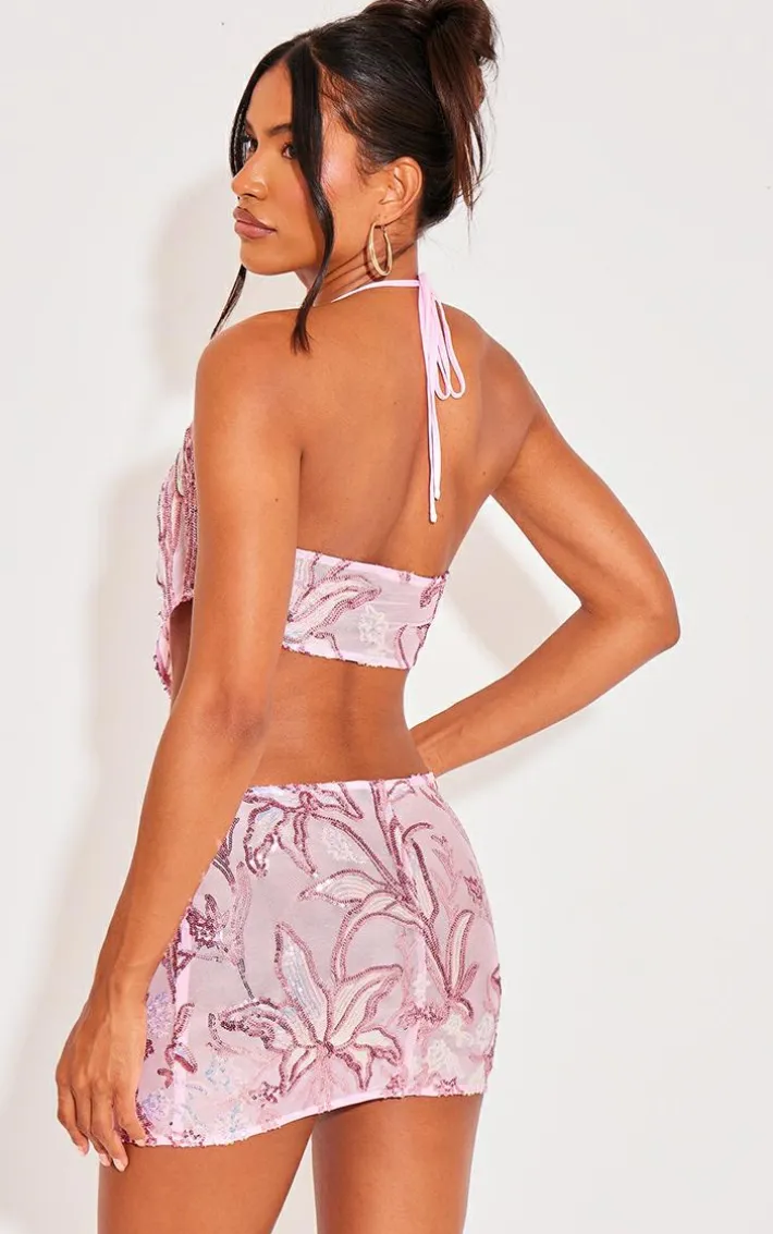 Baby Pink Floral Sequin Strappy Crop Top