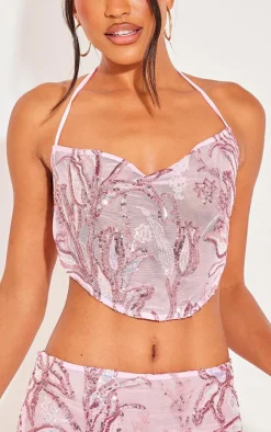 Baby Pink Floral Sequin Strappy Crop Top