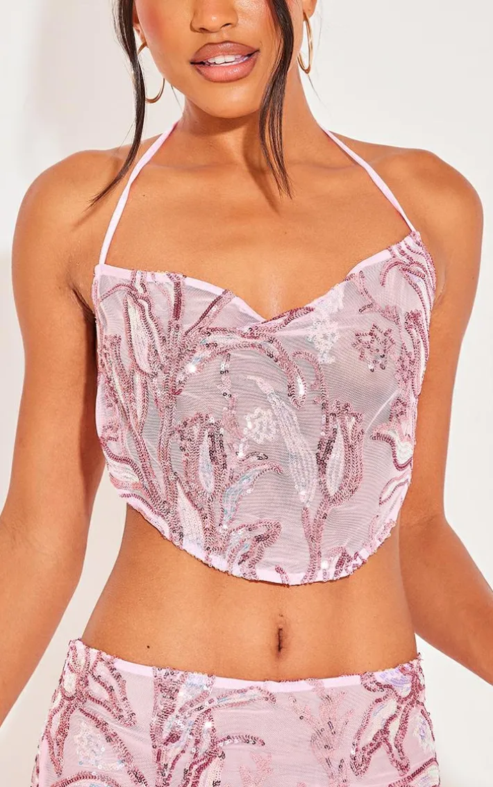 Baby Pink Floral Sequin Strappy Crop Top