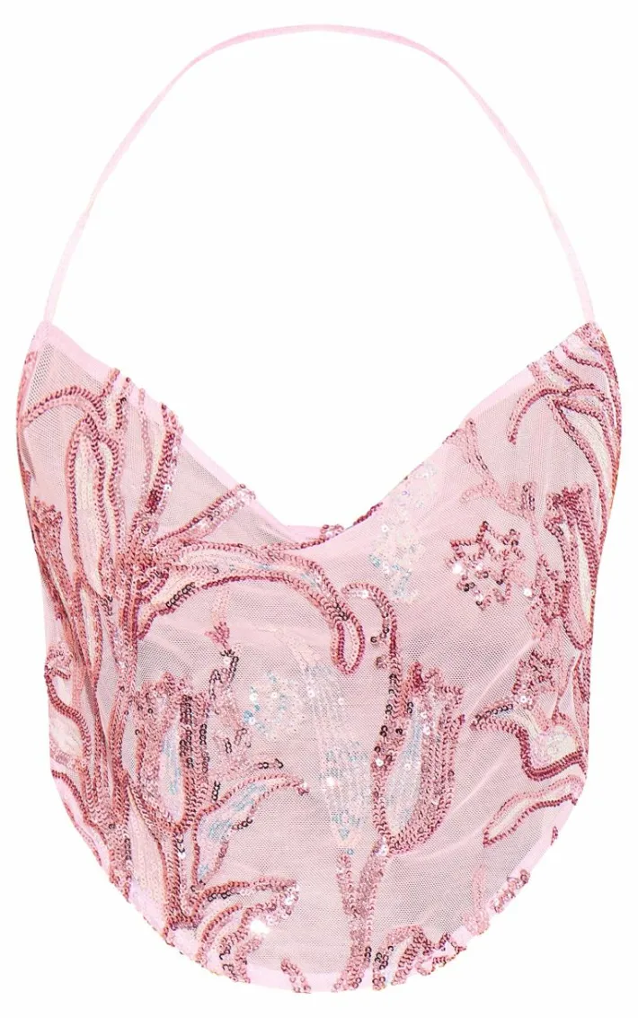 Baby Pink Floral Sequin Strappy Crop Top