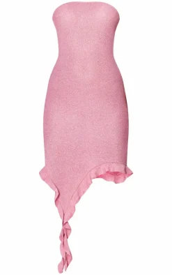 Baby Pink Glitter Knit Ruffle Detail Bandeau Dress