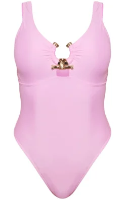Baby Pink Hammered Trim Plunge Swimsuit
