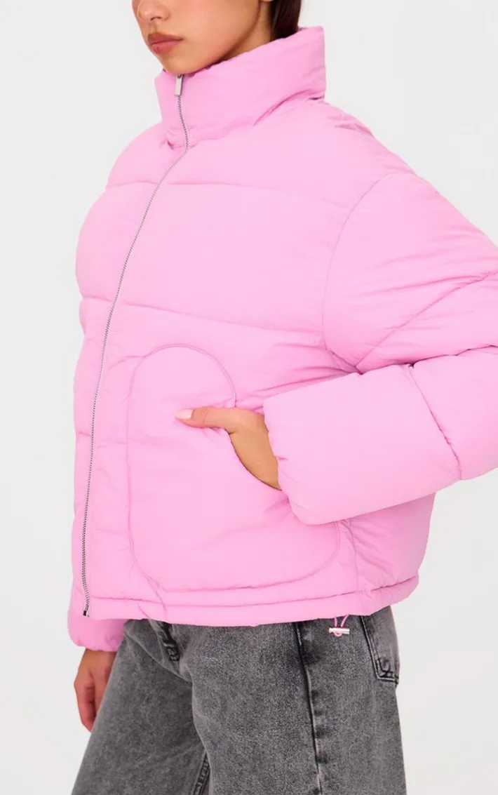Baby Pink Heart Pocket Detail Puffer Coat