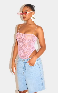 Baby Pink Lace Spaghetti Strap Bodysuit