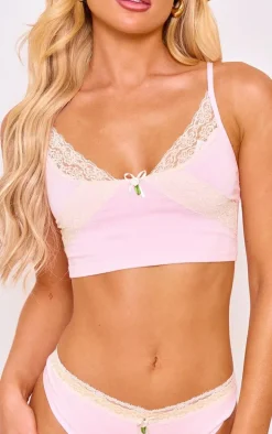 Baby Pink Lace Trim Bralette And Thong Lingerie Set