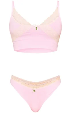 Baby Pink Lace Trim Bralette And Thong Lingerie Set