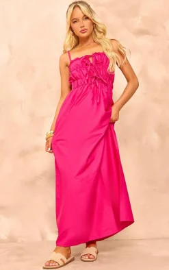 Baby Pink Linen Look Elastic Gathered Maxi Dress