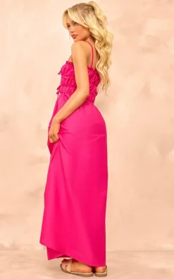 Baby Pink Linen Look Elastic Gathered Maxi Dress