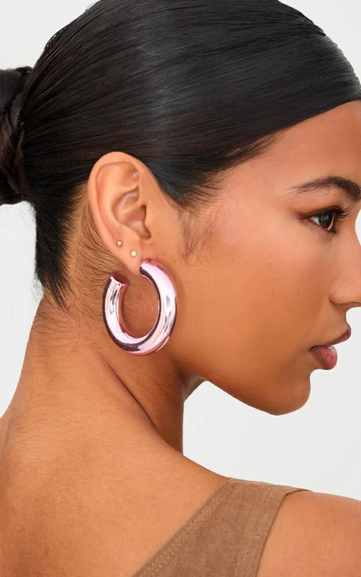 Baby Pink Metallic Chunky Hoop Earrings