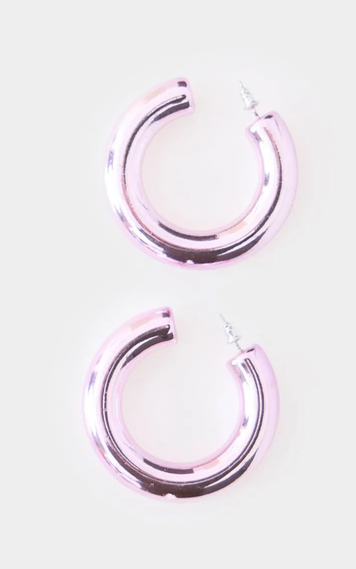 Baby Pink Metallic Chunky Hoop Earrings