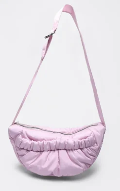 Baby Pink Nylon Ruched Pocket Cross Body Bag