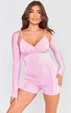 Baby Pink Open Back Romper With Bolero