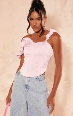 Baby Pink Premium Satin Rose Applique Corset Top