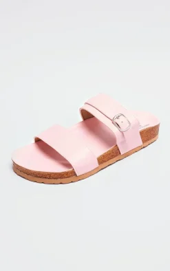 Baby Pink PU Wide Fit Double Strap Flat Sandals