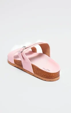 Baby Pink PU Wide Fit Double Strap Flat Sandals