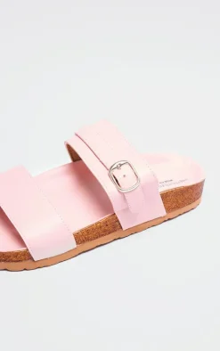 Baby Pink PU Wide Fit Double Strap Flat Sandals