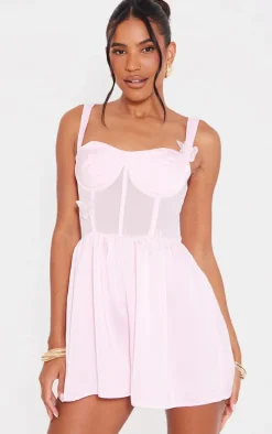 Baby Pink Satin Corset Butterfly Detail Floaty Romper