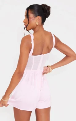 Baby Pink Satin Corset Butterfly Detail Floaty Romper