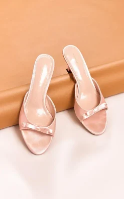 Baby Pink Satin Round Toe Bow Strap Low Heeled Mules