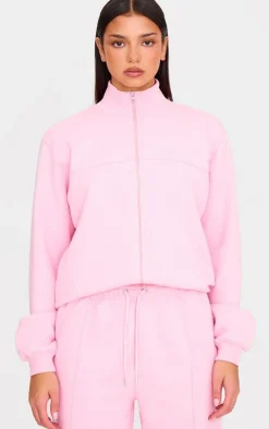 Baby Pink Seam Detail Zip Through High Neck Sweatshirt