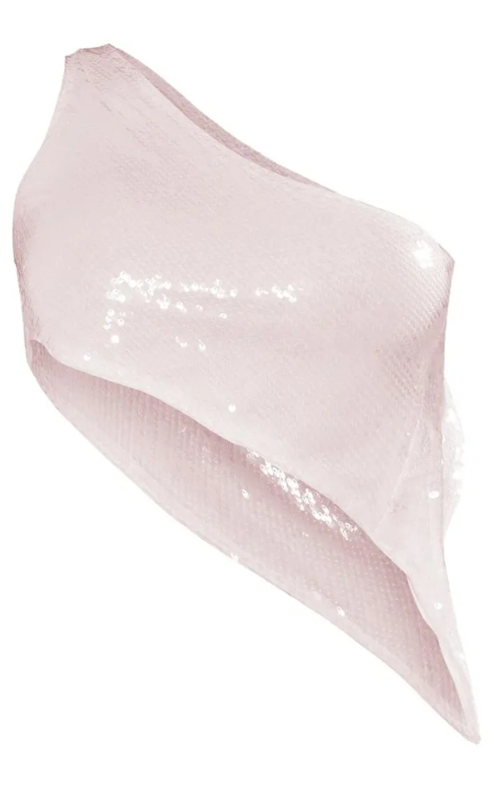 Baby Pink Sequin Asymmetric Hem Tie Back Top