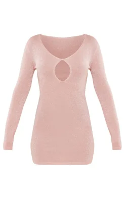 Baby Pink Sheer Glitter Knit Plunge Cut Out Dress