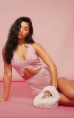 Baby Pink Sheer Knit Halterneck Crop Top