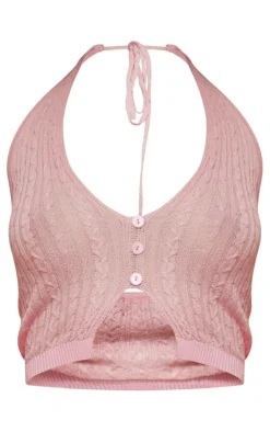 Baby Pink Sheer Knit Halterneck Crop Top