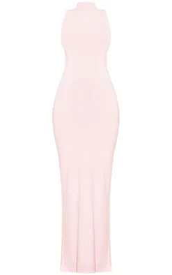 Baby Pink Slinky Extreme Cross Back Trim Detail Maxi Dress