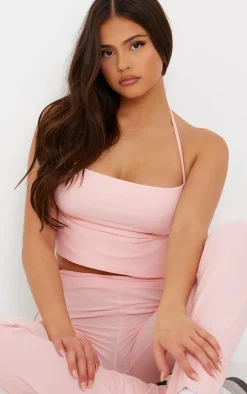 Baby Pink Soft Touch Ruched Tie Back Halterneck Top