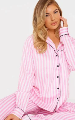 Baby Pink Stripe Print Contrast Piping Satin Long PJ Set