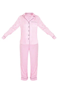 Baby Pink Stripe Print Contrast Piping Satin Long PJ Set