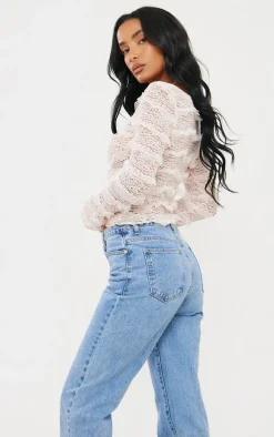 Baby Pink Textured Frill Square Neck Button Blouse