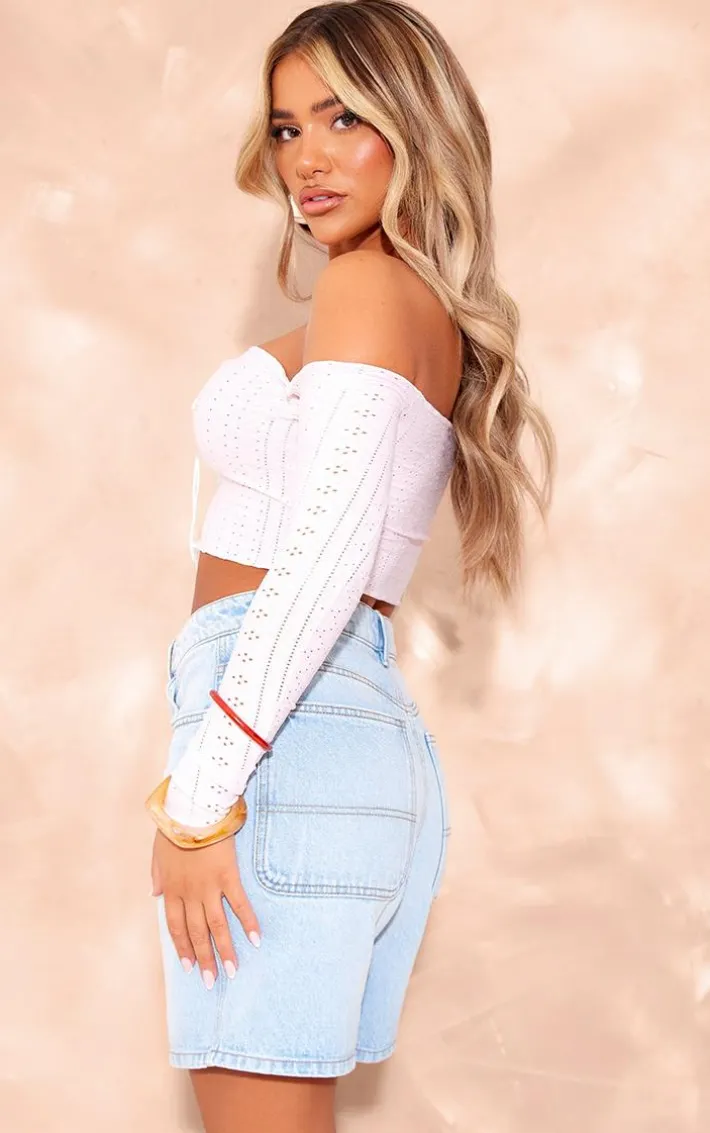 Baby Pink Textured Stretch Ribbon Trim Long Sleeve Bardot Crop Top