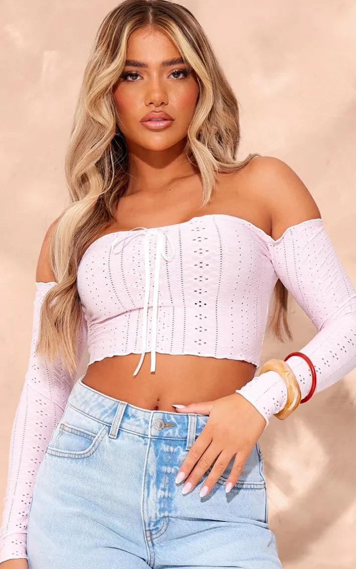 Baby Pink Textured Stretch Ribbon Trim Long Sleeve Bardot Crop Top