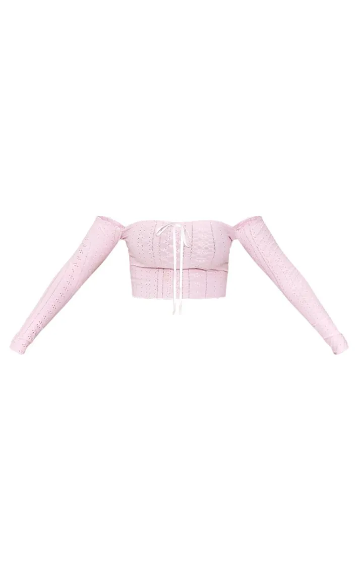 Baby Pink Textured Stretch Ribbon Trim Long Sleeve Bardot Crop Top