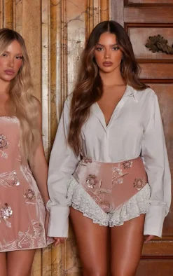 Baby Pink Velvet Embellished Frill Detail Bloomer Shorts