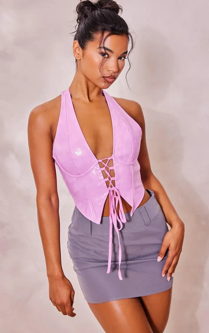 Baby Pink Washed Faux Leather Lace Up Plunge Halter Neck Top