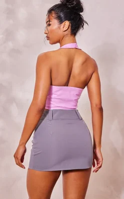 Baby Pink Washed Faux Leather Lace Up Plunge Halter Neck Top