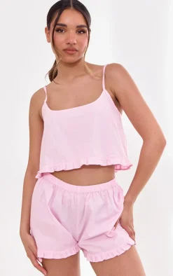Baby Pink Woven Frill Edge Cami And Button Short Pj Set