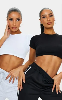 Basic Black & White Cotton Blend Roll Sleeve Crop T Shirt 2 Pack