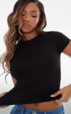 Basic Black Cotton Blend Fitted Crew Neck T Shirt