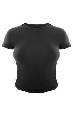 Basic Black Cotton Blend Fitted Crew Neck T Shirt