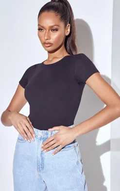Basic Black Cotton Blend Fitted Short Sleeve Bodysuit